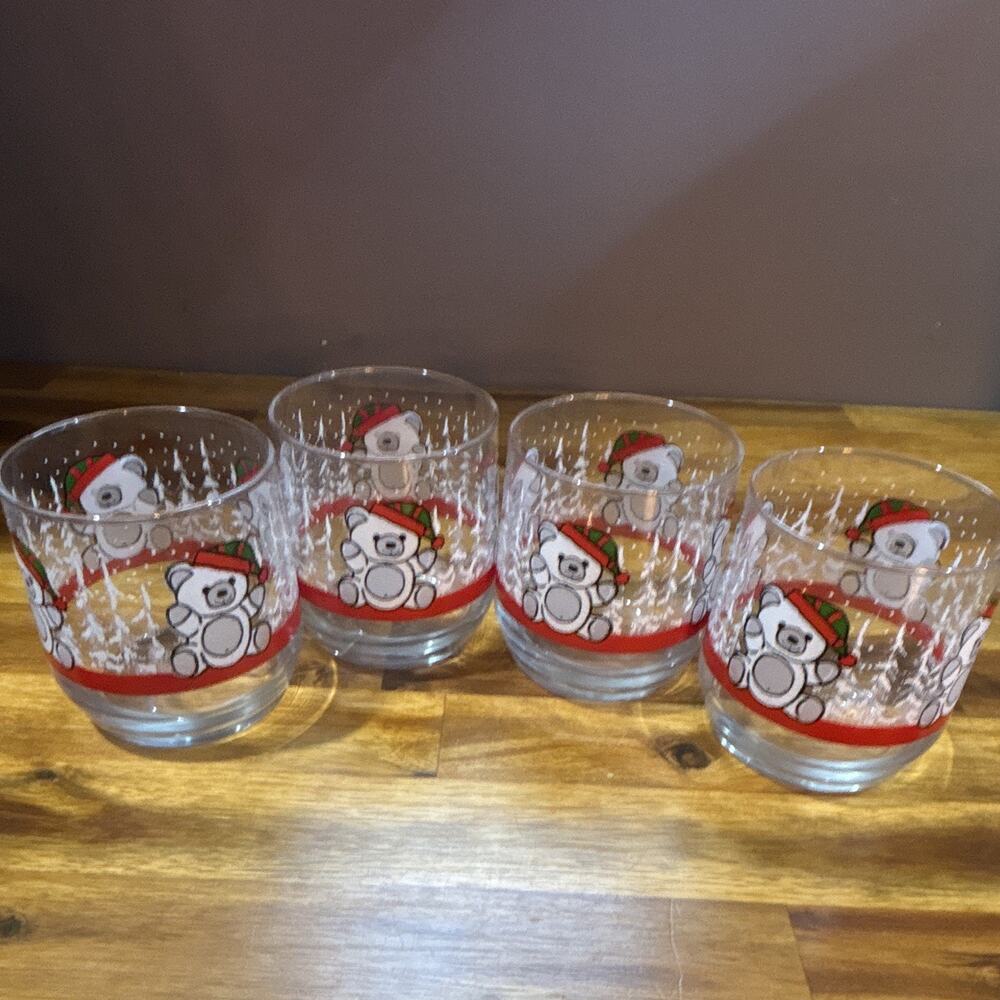 Vintage Libbey Christmas Teddy Bear Lowball Glasses - 1980s